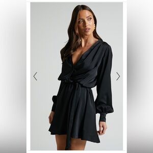 MINI DRESS - LONG SLEEVE V NECK WRAP DRESS IN BLACK